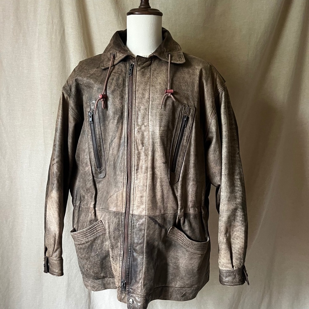Vintage Mirage Men's Distressed Brown Leather Jacket Coat XL 90s Made in Korea